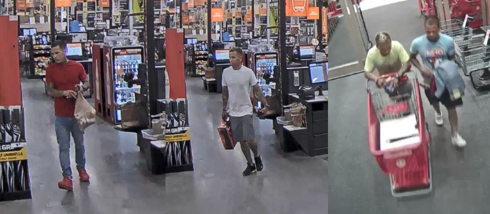 Three-photo camera footage collage. Left photo contains a man wearing a red t-shirt, jeans and red shoes. Middle photo contains a man walking out of Home Depot wearing a white t-shit, gray shorts and black and white shoes. Right photo contains two men at Target: man on left is wearing a yellow t-shirt and pushing a store cart while the man on the right is wearing a light blue t-shirt, dark colored shorts and white shoes.